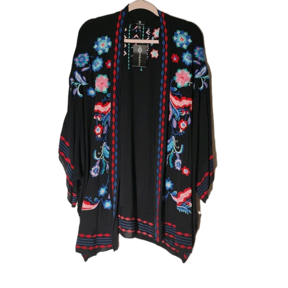 NWT Curations Cardigan Womens M/L Black Multicolor Floral Embroidery‎ Open Front
